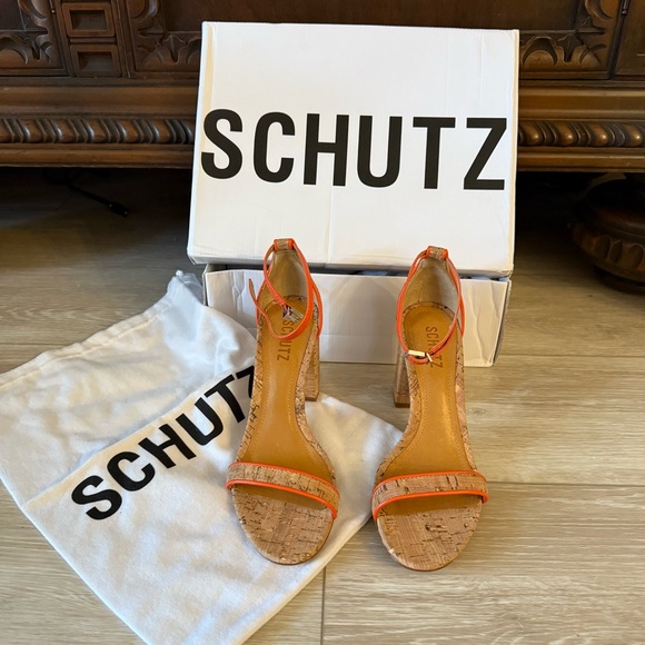 NEW SCHUTZ Cadey Lee Block Casual High Heel Orange Cork Shoes Sandal Strappy 7 - Picture 3 of 12